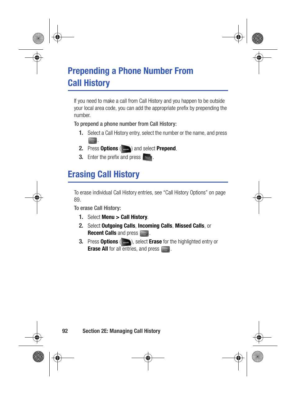 Prepending a phone number from call history, Erasing call history | Samsung SPH-M500BKMEID User Manual | Page 116 / 258