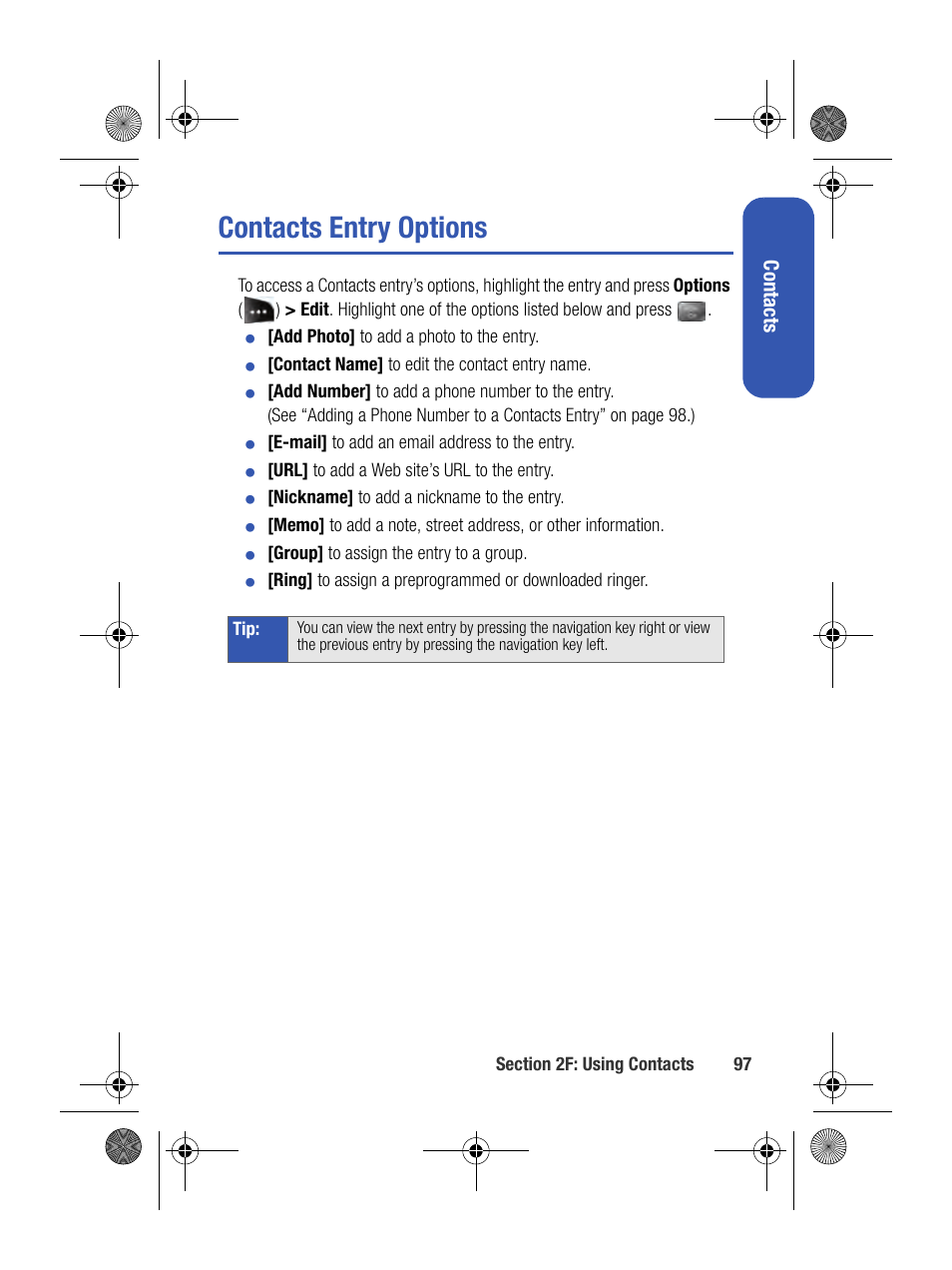 Contacts entry options, Co ntac ts | Samsung SPH-M500BKMEID User Manual | Page 121 / 258