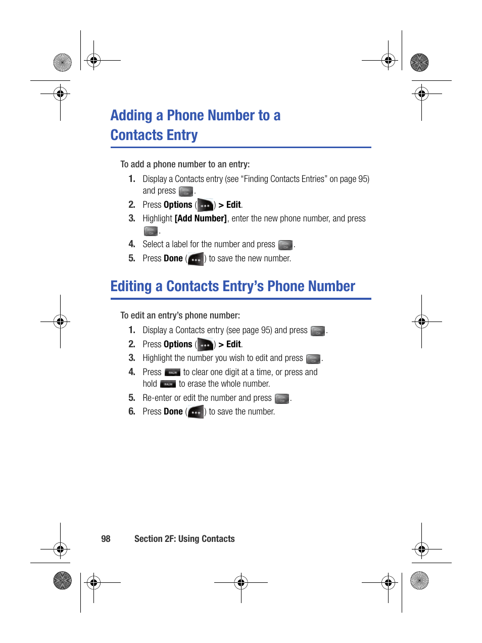 Adding a phone number to a contacts entry, Editing a contacts entry’s phone number | Samsung SPH-M500BKMEID User Manual | Page 122 / 258