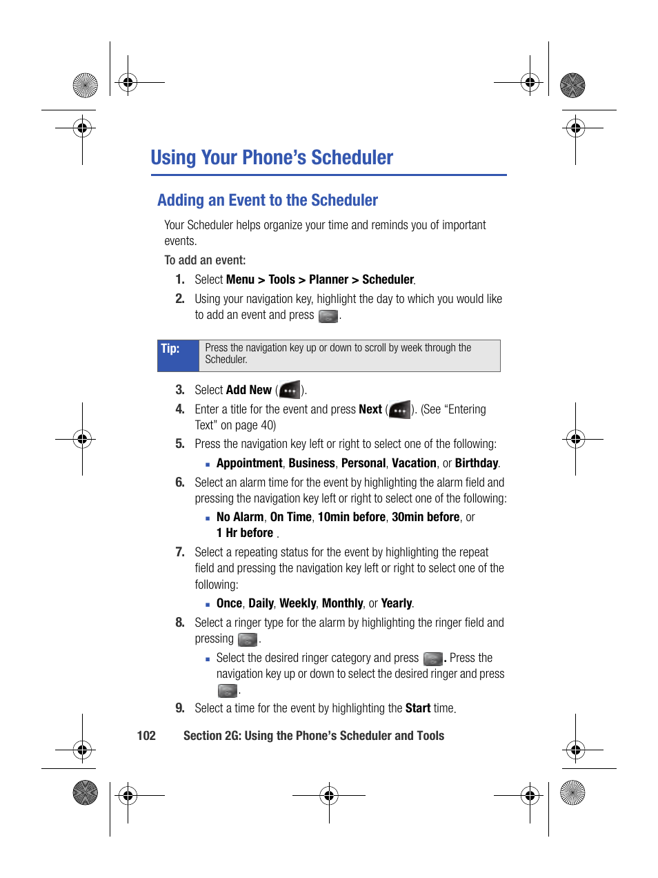 Using your phone’s scheduler, Adding an event to the scheduler | Samsung SPH-M500BKMEID User Manual | Page 126 / 258