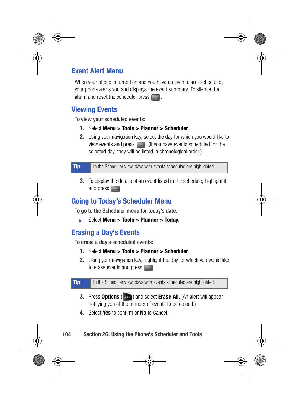 Event alert menu, Viewing events, Going to today’s scheduler menu | Erasing a day’s events | Samsung SPH-M500BKMEID User Manual | Page 128 / 258