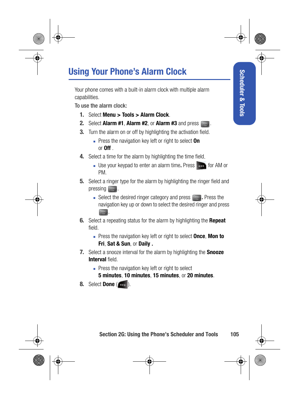 Using your phone’s alarm clock | Samsung SPH-M500BKMEID User Manual | Page 129 / 258