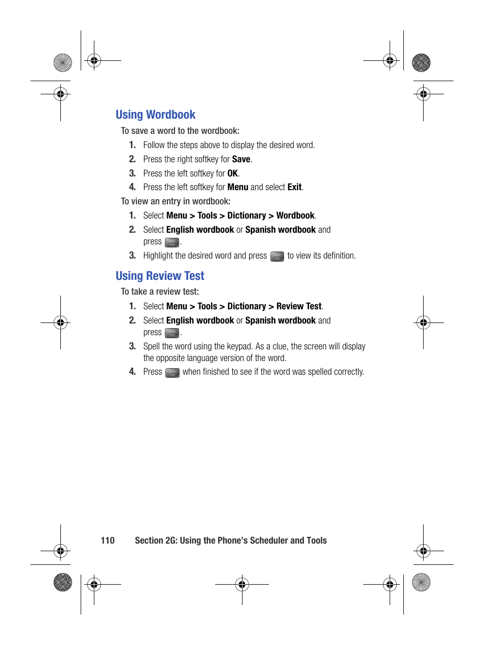 Using wordbook, Using review test | Samsung SPH-M500BKMEID User Manual | Page 134 / 258