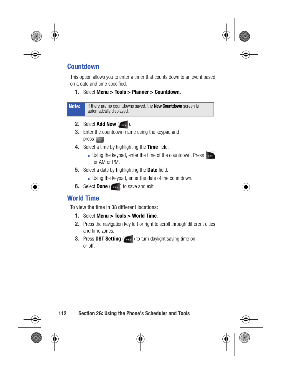 Countdown, World time | Samsung SPH-M500BKMEID User Manual | Page 136 / 258