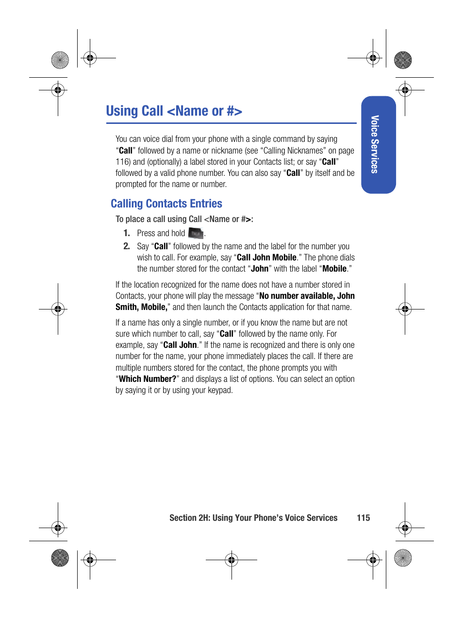 Using call <name or, Calling contacts entries | Samsung SPH-M500BKMEID User Manual | Page 139 / 258