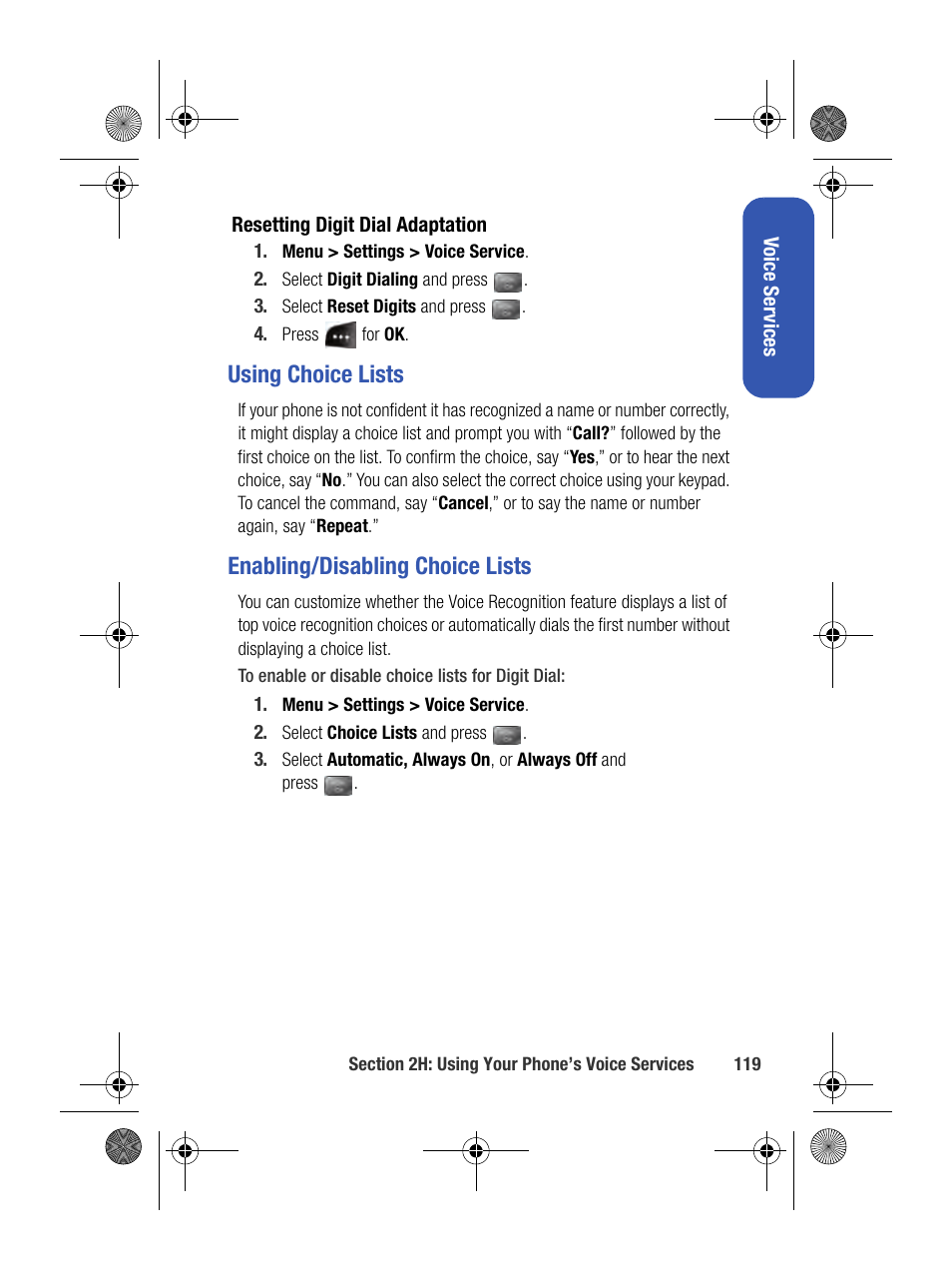 Using choice lists, Enabling/disabling choice lists | Samsung SPH-M500BKMEID User Manual | Page 143 / 258