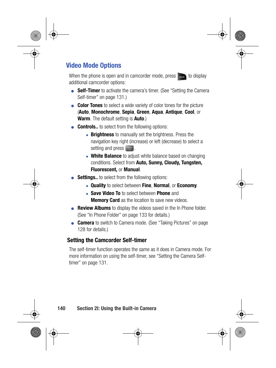 Video mode options, Setting the camcorder self-timer | Samsung SPH-M500BKMEID User Manual | Page 164 / 258