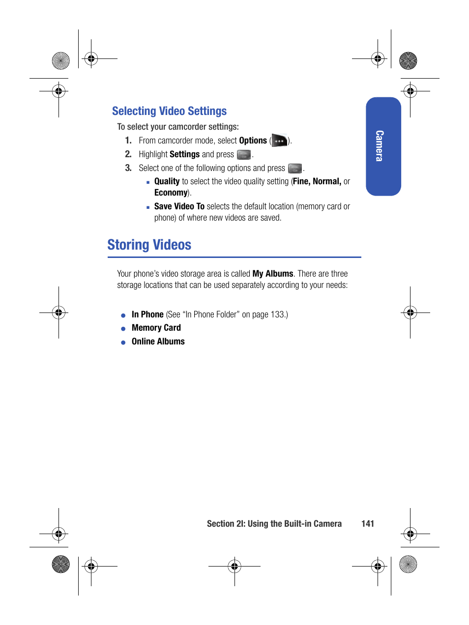 Selecting video settings, Storing videos | Samsung SPH-M500BKMEID User Manual | Page 165 / 258