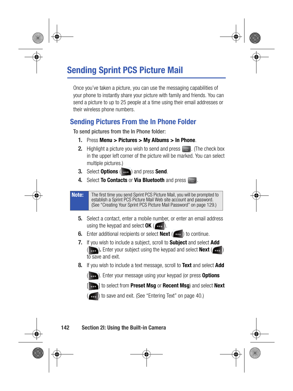 Sending sprint pcs picture mail, Sending pictures from the in phone folder | Samsung SPH-M500BKMEID User Manual | Page 166 / 258
