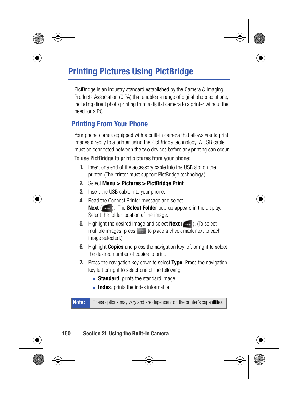 Printing pictures using pictbridge, Printing from your phone | Samsung SPH-M500BKMEID User Manual | Page 174 / 258