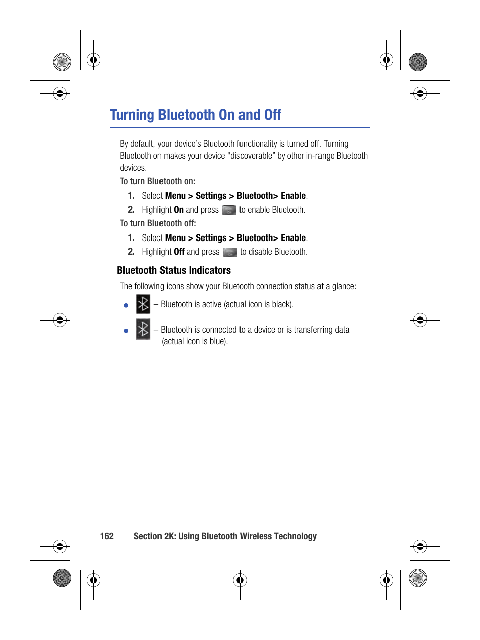 Turning bluetooth on and off | Samsung SPH-M500BKMEID User Manual | Page 186 / 258