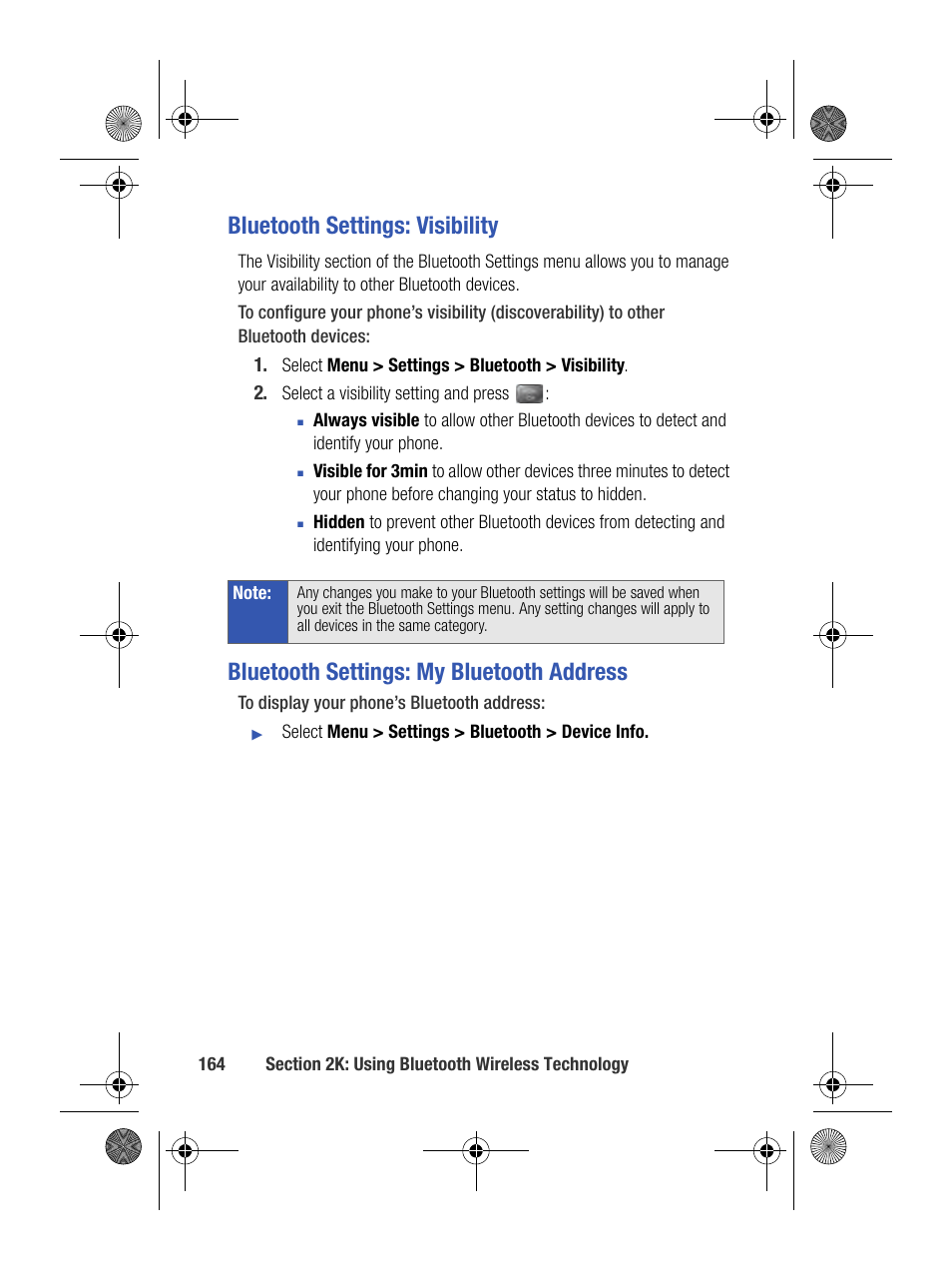 Bluetooth settings: visibility, Bluetooth settings: my bluetooth address | Samsung SPH-M500BKMEID User Manual | Page 188 / 258