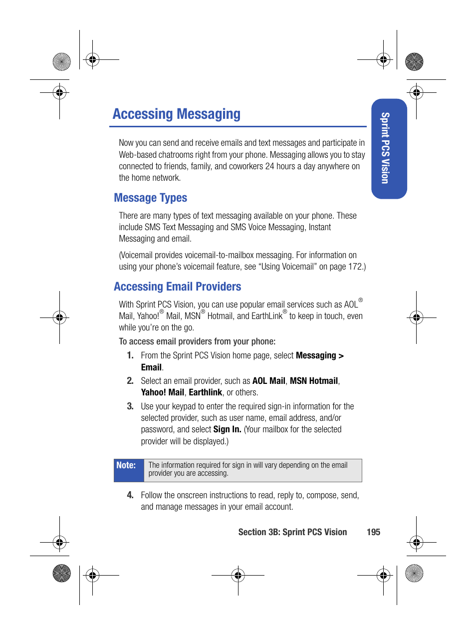 Accessing messaging, Message types, Accessing email providers | Samsung SPH-M500BKMEID User Manual | Page 219 / 258