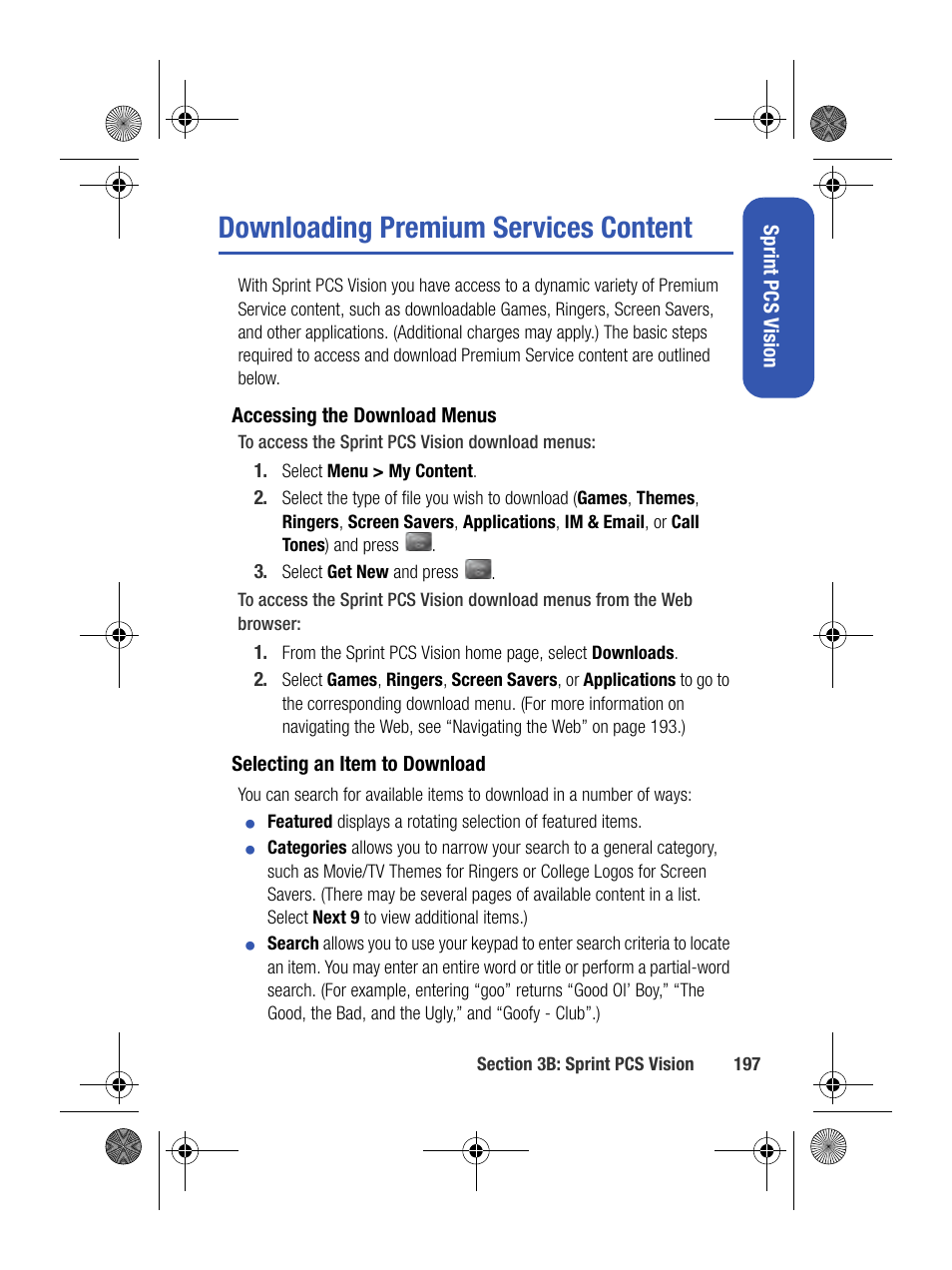 Downloading premium services content | Samsung SPH-M500BKMEID User Manual | Page 221 / 258