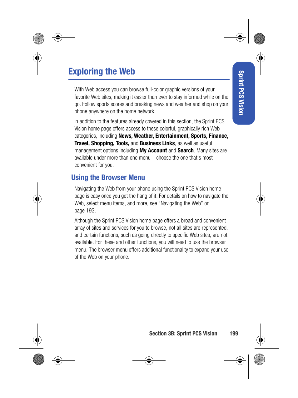 Exploring the web, Using the browser menu | Samsung SPH-M500BKMEID User Manual | Page 223 / 258