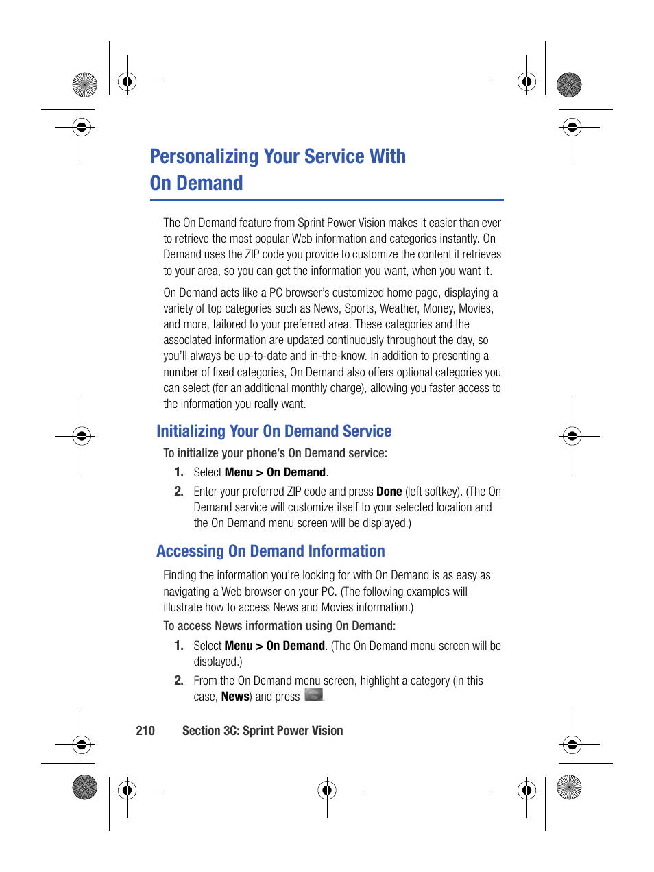 Initializing your on demand service, Accessing on demand information, Personalizing your service with on demand | Samsung SPH-M500BKMEID User Manual | Page 234 / 258