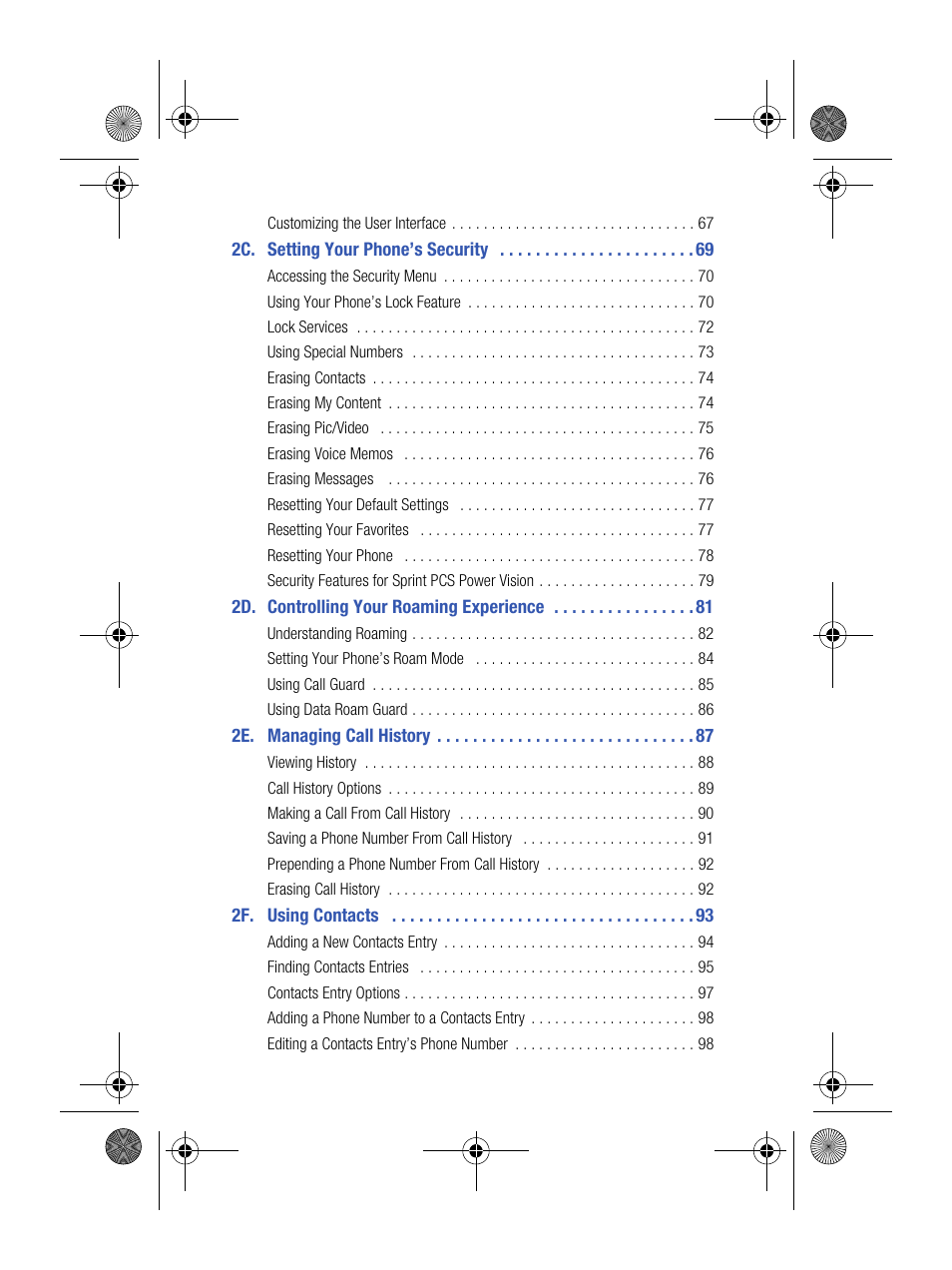 2c. setting your phone’s security 69, 2d. controlling your roaming experience 81, 2e. managing call history 87 | 2f. using contacts 93 | Samsung SPH-M500BKMEID User Manual | Page 4 / 258
