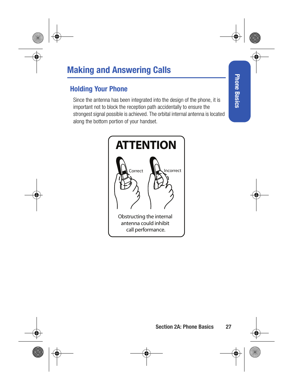 Making and answering calls, Holding your phone, Attention | Samsung SPH-M500BKMEID User Manual | Page 51 / 258