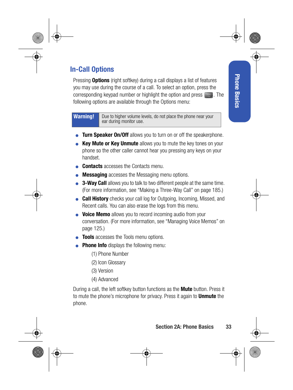 In-call options, Phone basics | Samsung SPH-M500BKMEID User Manual | Page 57 / 258