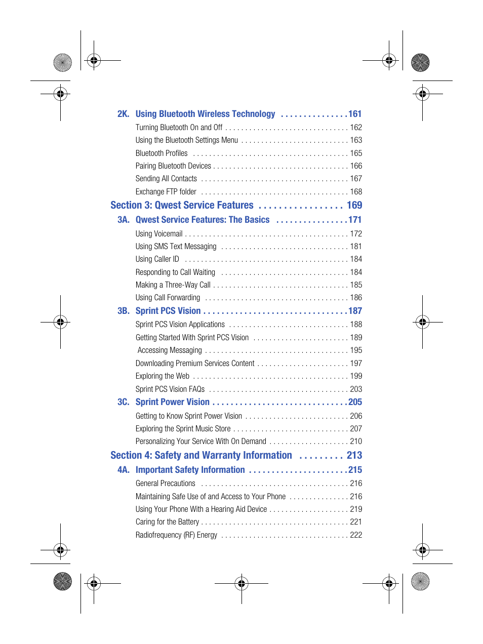 2k. using bluetooth wireless technology 161, Section 3: qwest service features 169, 3a. qwest service features: the basics 171 | 3b. sprint pcs vision 187, 3c. sprint power vision 205, Section 4: safety and warranty information 213, 4a. important safety information 215 | Samsung SPH-M500BKMEID User Manual | Page 6 / 258