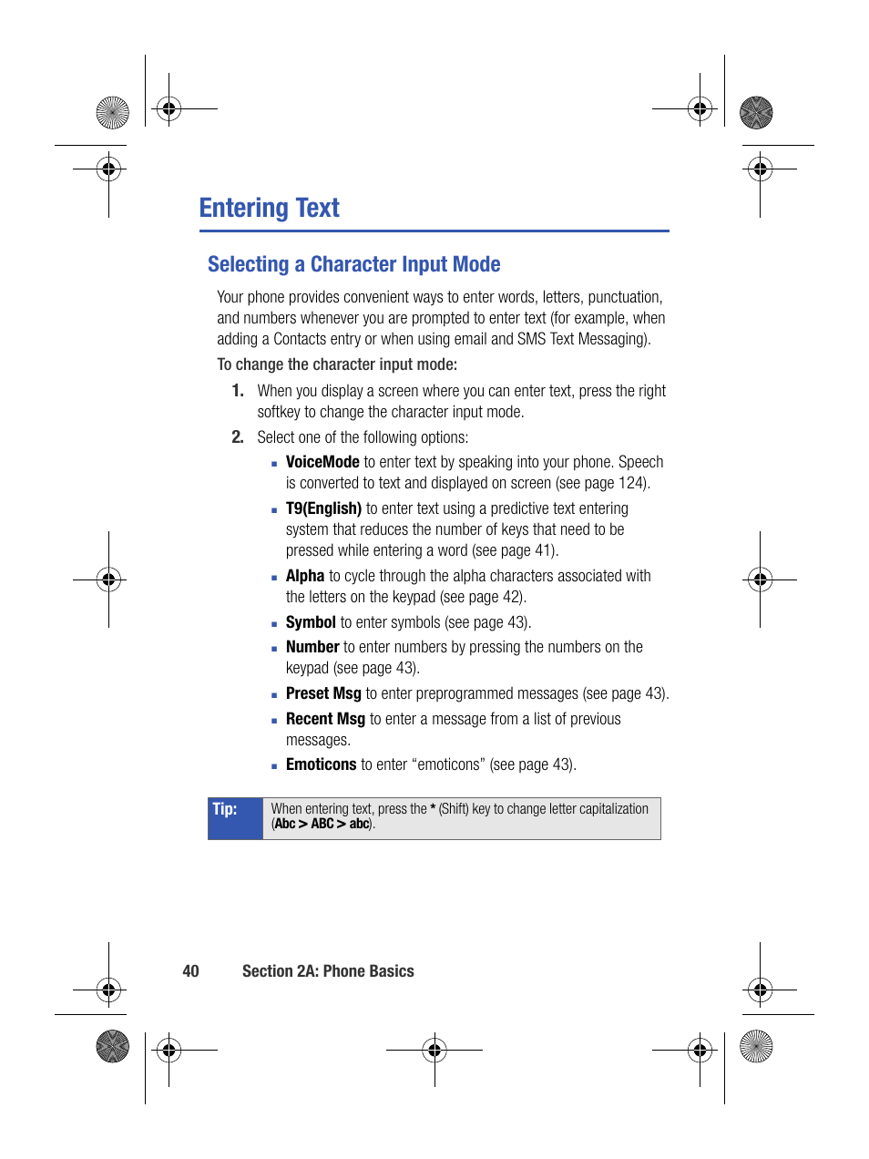 Entering text, Selecting a character input mode | Samsung SPH-M500BKMEID User Manual | Page 64 / 258