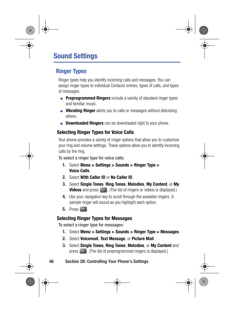 Sound settings, Ringer types | Samsung SPH-M500BKMEID User Manual | Page 70 / 258