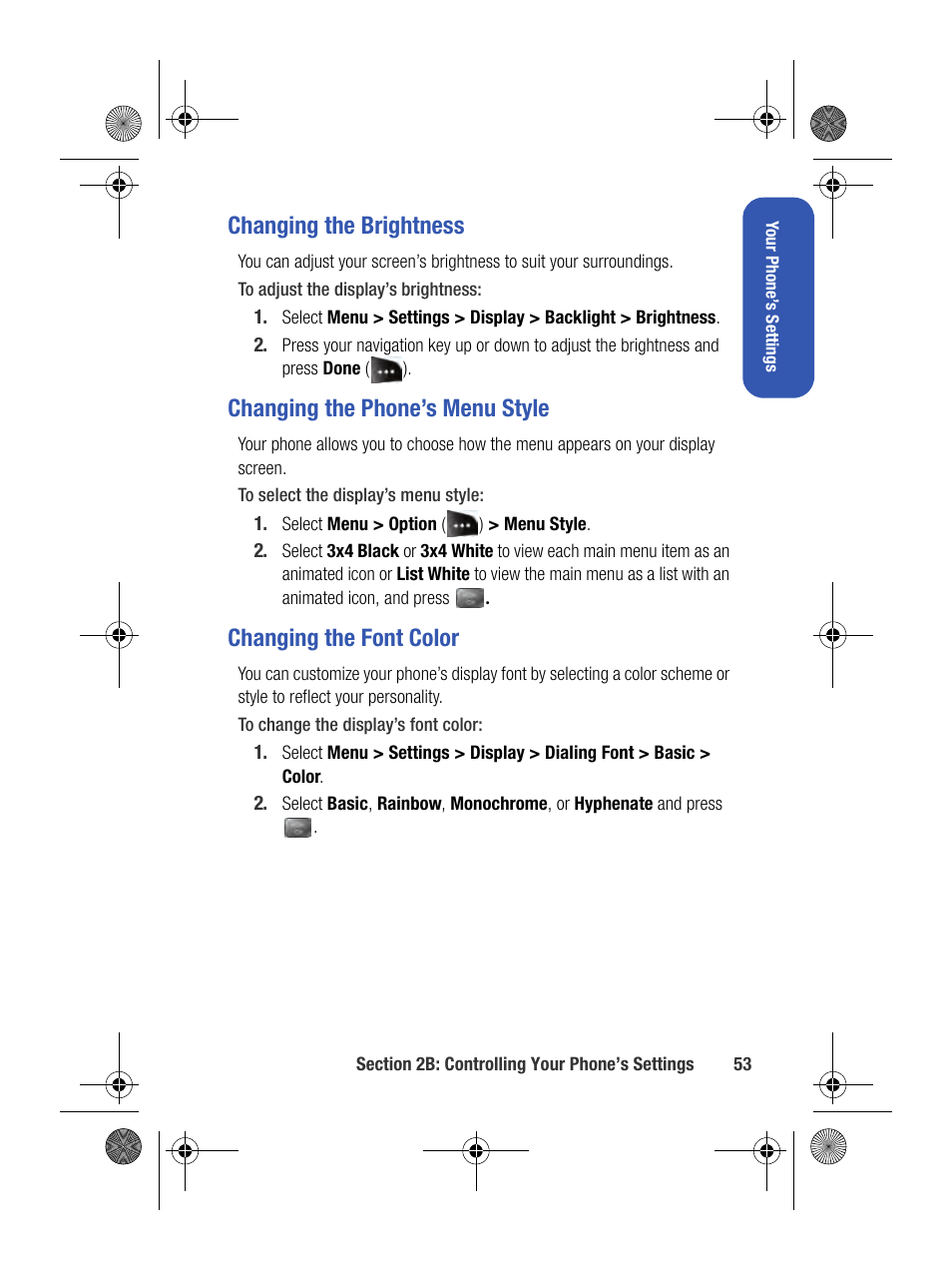 Changing the brightness, Changing the phone’s menu style, Changing the font color | Samsung SPH-M500BKMEID User Manual | Page 77 / 258