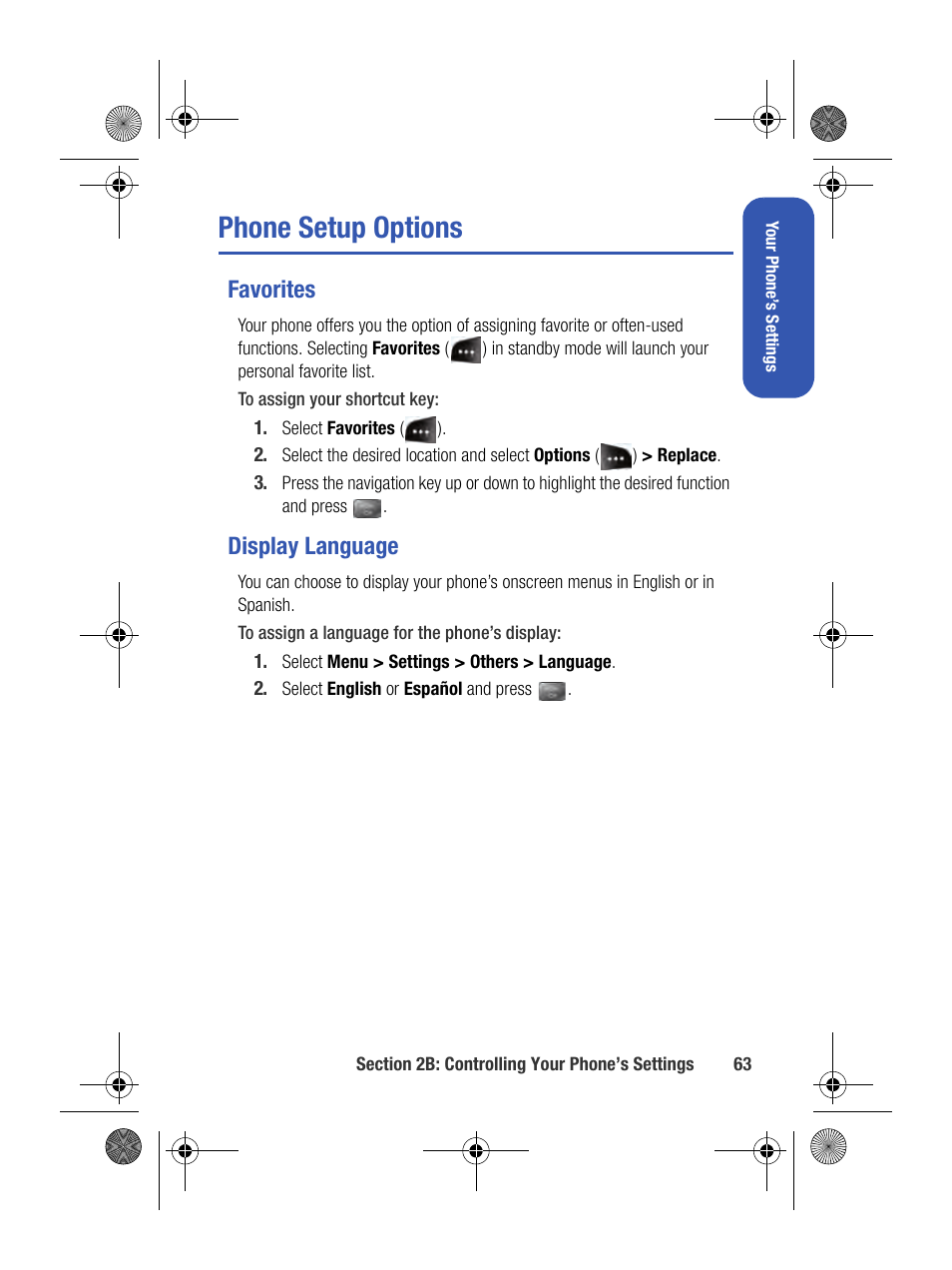 Phone setup options, Favorites, Display language | Samsung SPH-M500BKMEID User Manual | Page 87 / 258