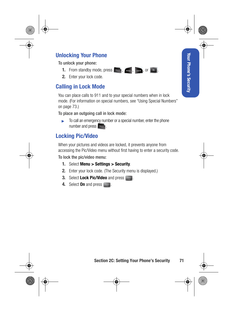 Unlocking your phone, Calling in lock mode, Locking pic/video | Samsung SPH-M500BKMEID User Manual | Page 95 / 258