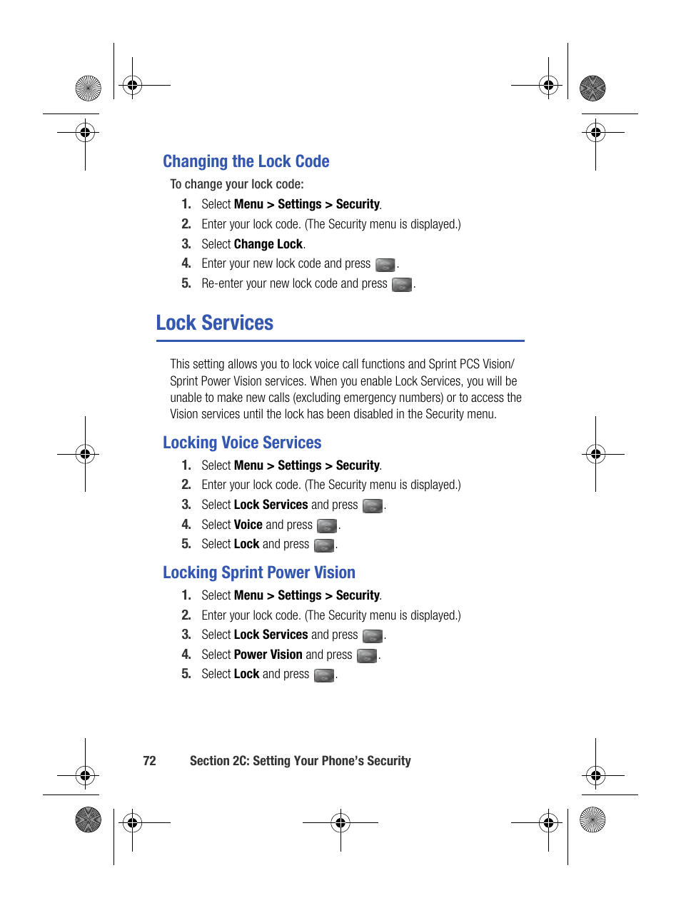 Changing the lock code, Lock services, Locking voice services | Locking sprint power vision | Samsung SPH-M500BKMEID User Manual | Page 96 / 258