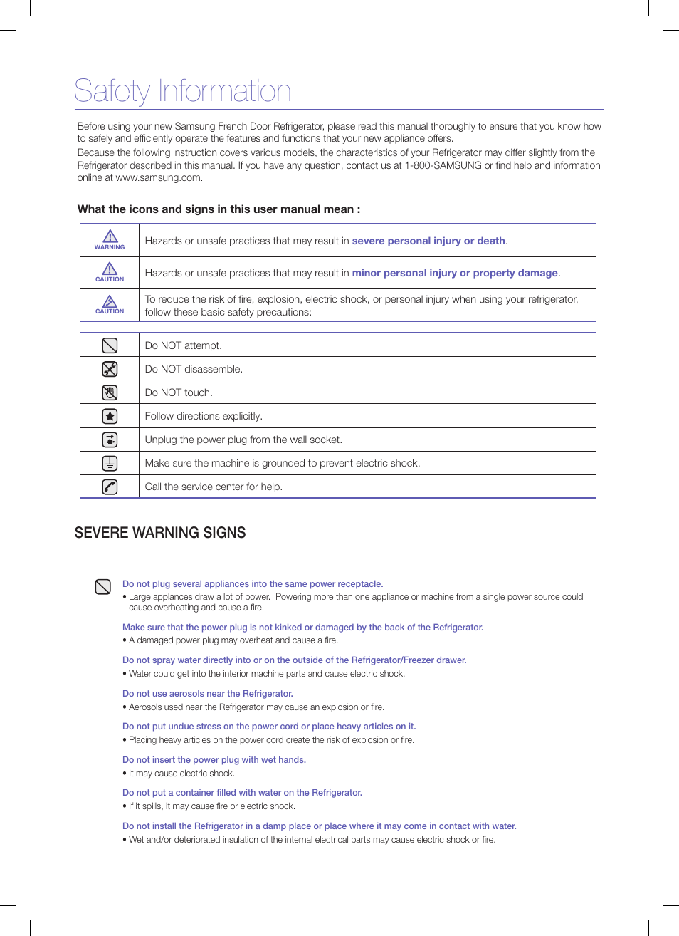 Safety information, Severe warning signs | Samsung RF26XAEWP-XAA User Manual | Page 2 / 9