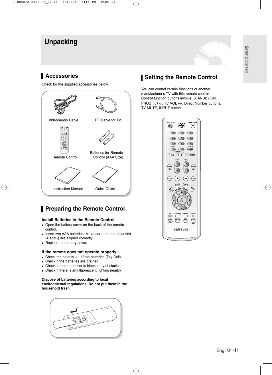 Unpacking, Accessories, Preparing the remote control | Setting the remote control | Samsung DVD-R120-XAA User Manual | Page 11 / 95