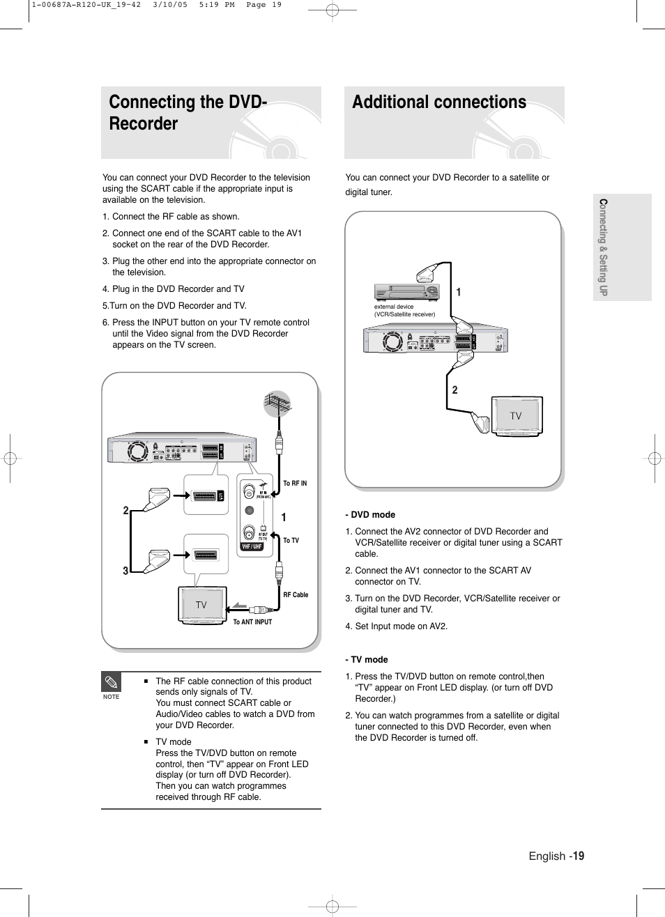 Connecting the dvdrecorder, Additional connections | Samsung DVD-R120-XAA User Manual | Page 19 / 95