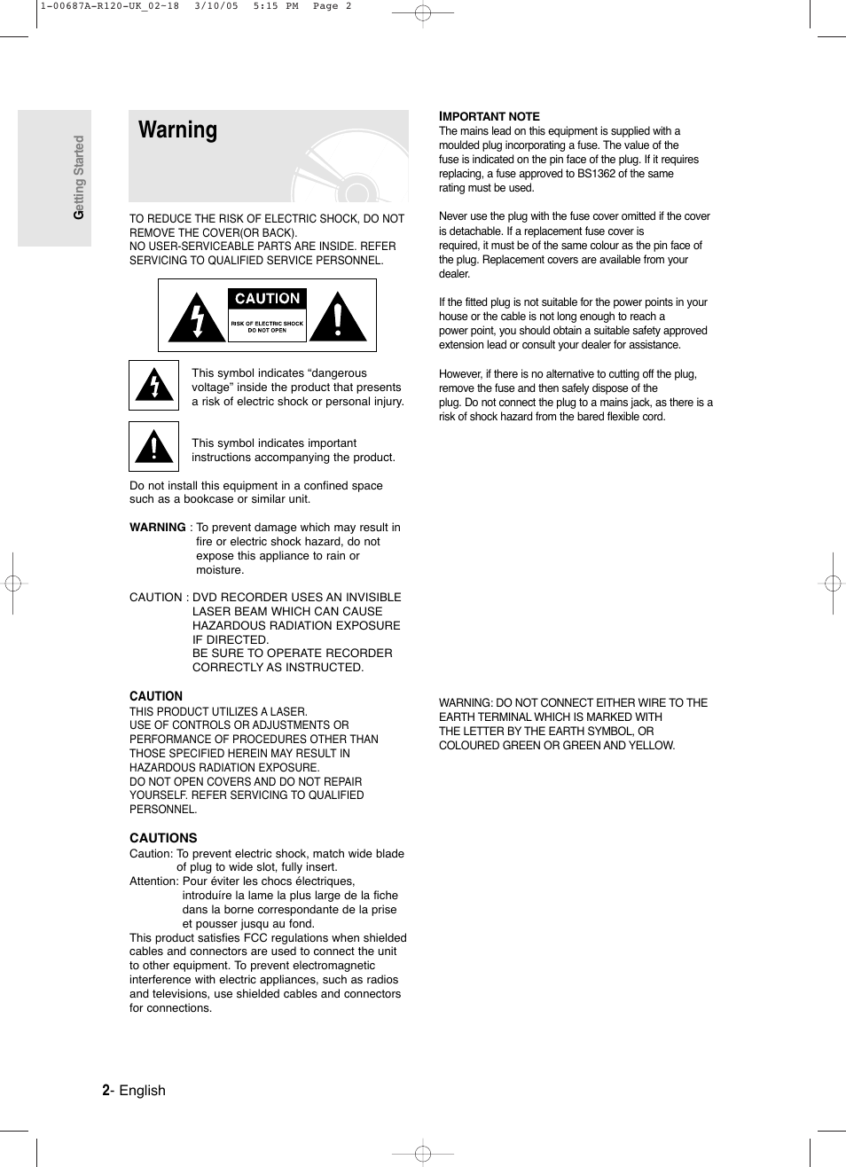 Warning | Samsung DVD-R120-XAA User Manual | Page 2 / 95