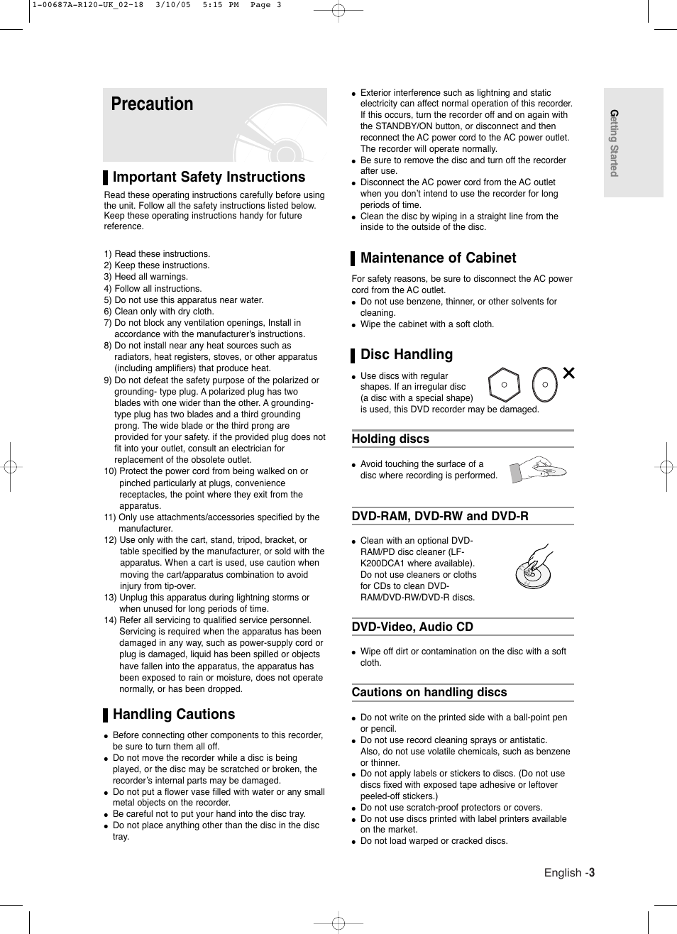 Precaution, Important safety instructions, Handling cautions | Maintenance of cabinet, Disc handling, Holding discs, Dvd-ram, dvd-rw and dvd-r, Dvd-video, audio cd, Cautions on handling discs, English | Samsung DVD-R120-XAA User Manual | Page 3 / 95