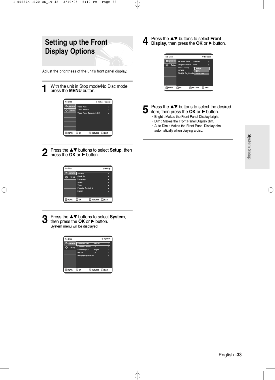 Setting up the front display options, English, System setup | System menu will be displayed | Samsung DVD-R120-XAA User Manual | Page 33 / 95