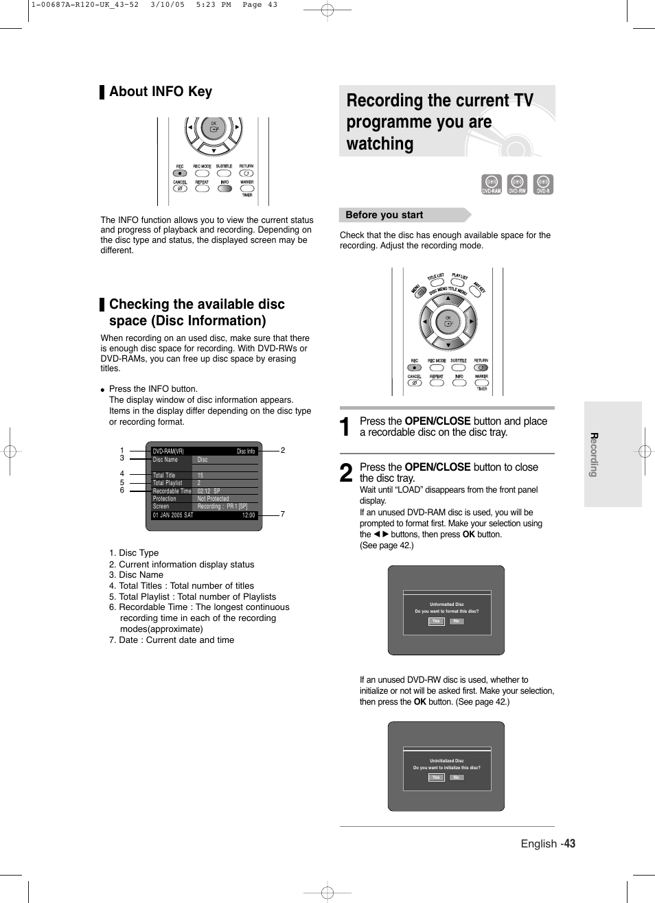 About info key, English, Press the open/close button to close the disc tray | Samsung DVD-R120-XAA User Manual | Page 43 / 95