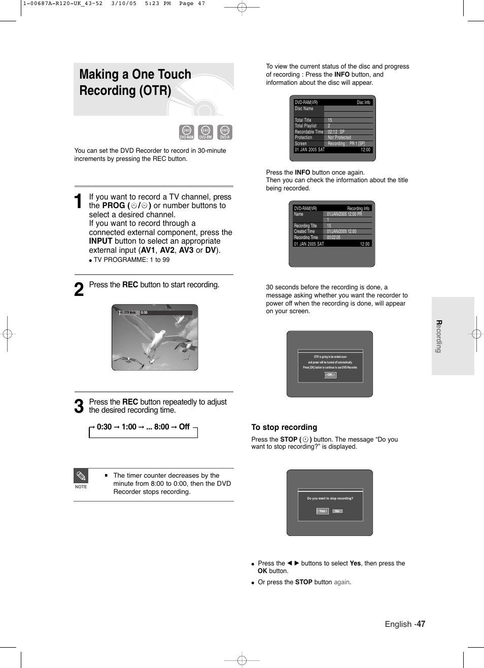 Making a one touch recording (otr), English, Press the rec button to start recording | Samsung DVD-R120-XAA User Manual | Page 47 / 95