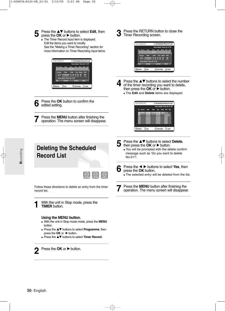 Deleting the scheduled record list, English, Press the ok button to confirm the edited setting | Press the ok or √ button, Recording | Samsung DVD-R120-XAA User Manual | Page 50 / 95