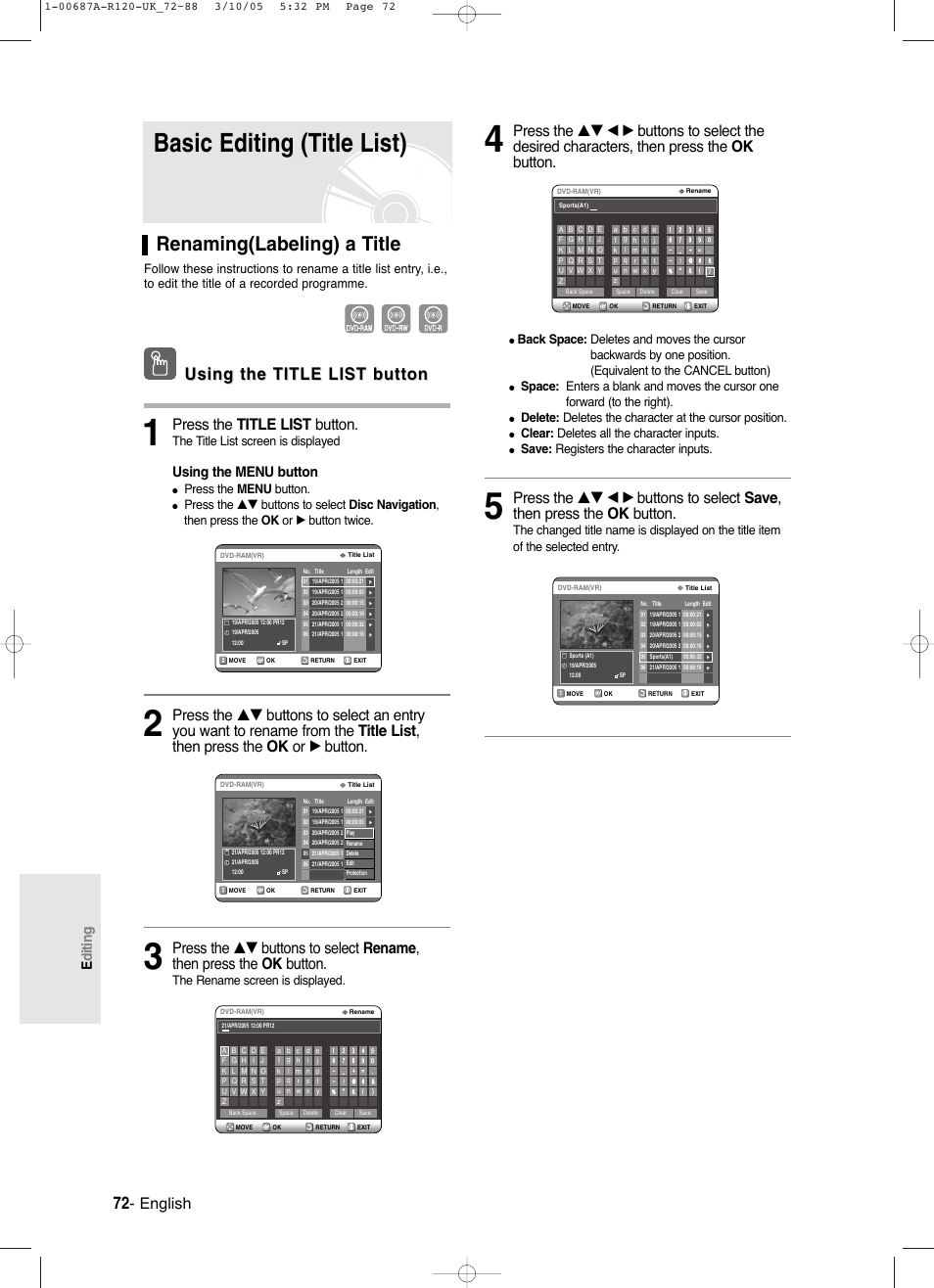 Basic editing (title list), Renaming(labeling) a title, Using the title list button | English, Press the title list button, Editing, Using the menu button, The title list screen is displayed, Press the menu button, The rename screen is displayed | Samsung DVD-R120-XAA User Manual | Page 72 / 95