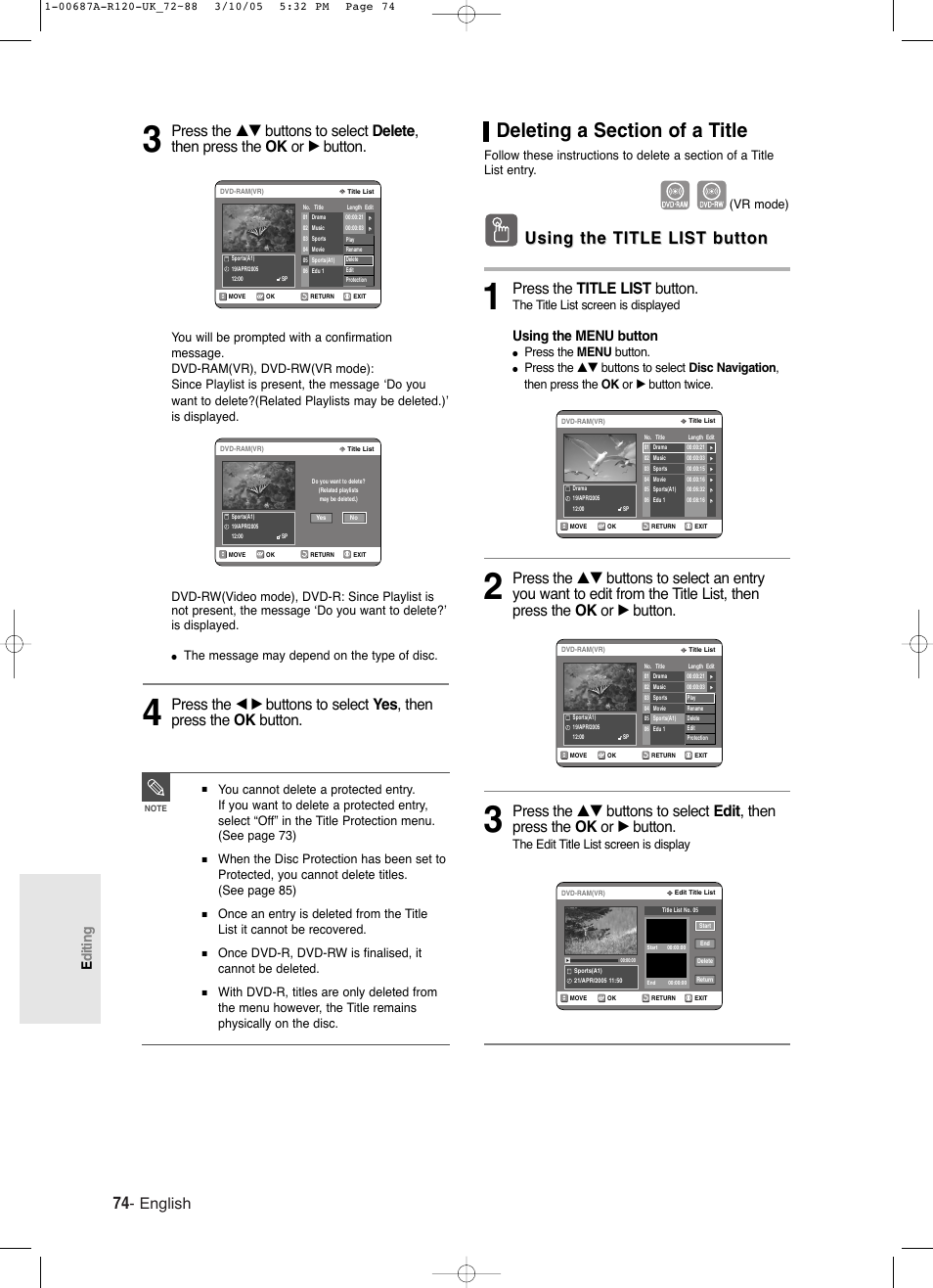 Using the title list button, English, Press the title list button | Editing, Using the menu button, The title list screen is displayed, Press the menu button, The edit title list screen is display, The message may depend on the type of disc, Vr mode) | Samsung DVD-R120-XAA User Manual | Page 74 / 95