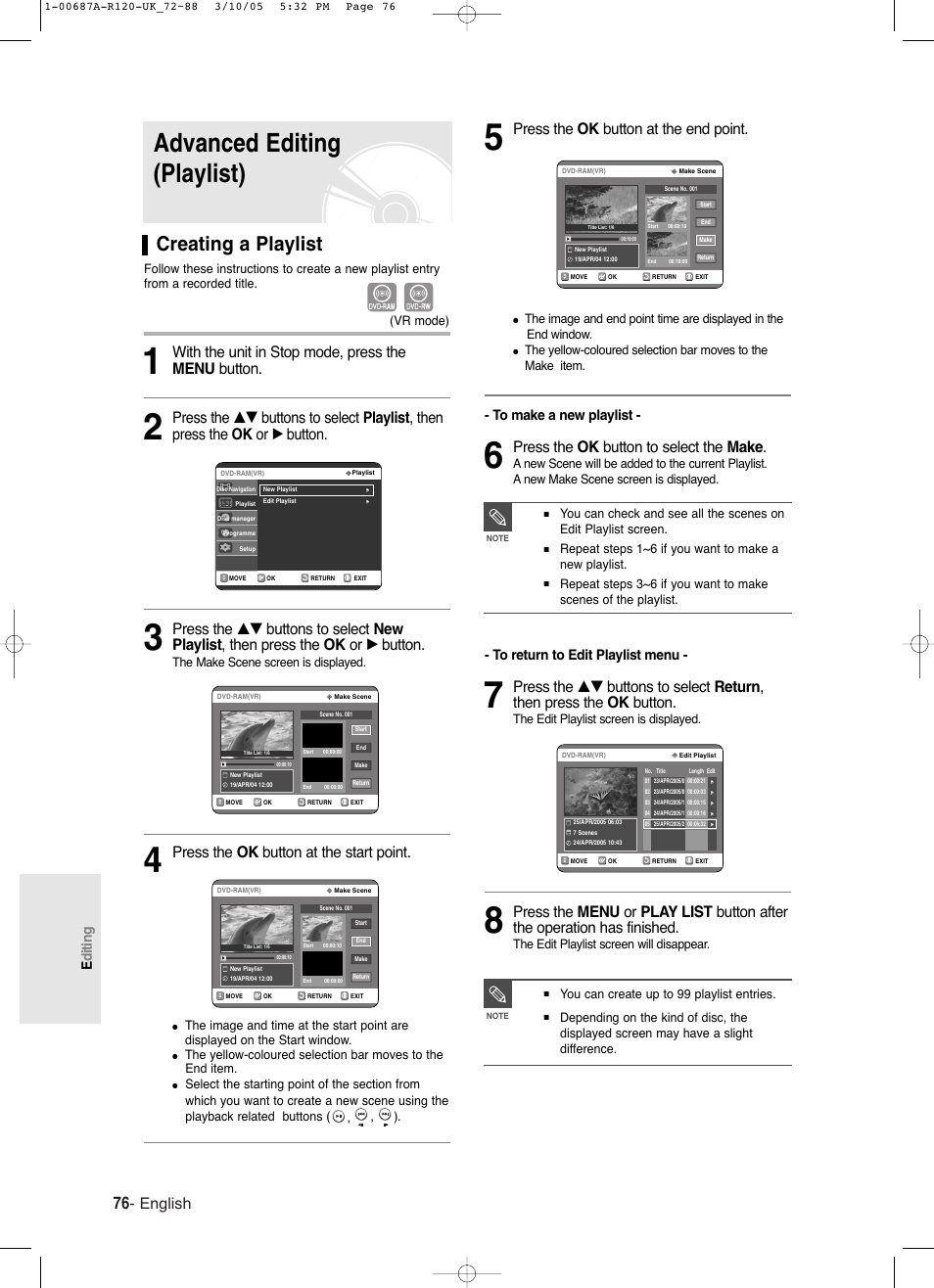 Advanced editing (playlist), Creating a playlist, English | Press the ok button at the end point, Press the ok button to select the make, With the unit in stop mode, press the menu button, Press the ok button at the start point, Editing | Samsung DVD-R120-XAA User Manual | Page 76 / 95