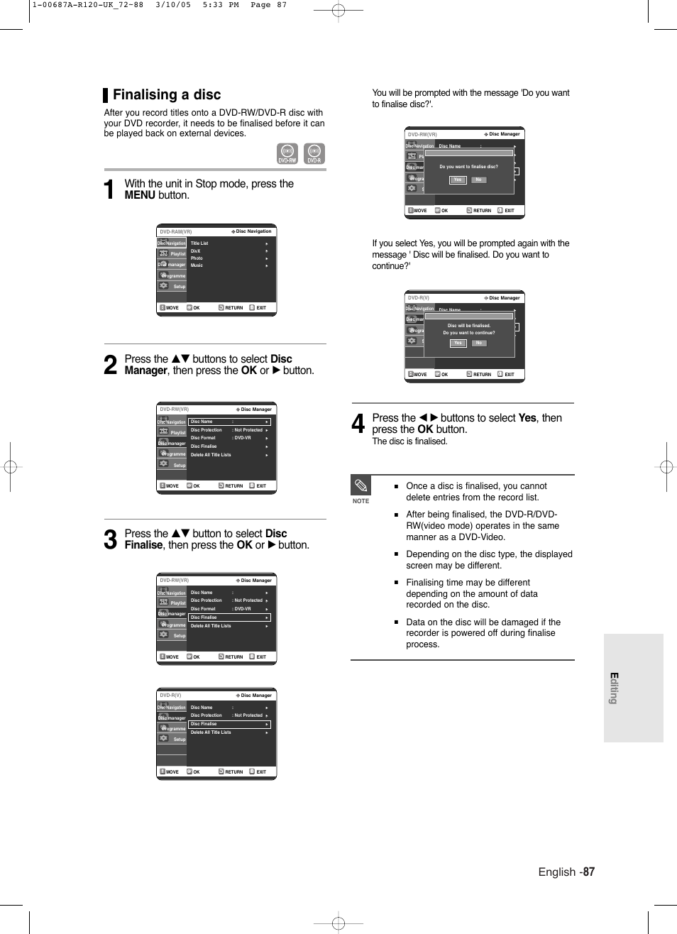 Finalising a disc, English, With the unit in stop mode, press the menu button | Editing, The disc is finalised | Samsung DVD-R120-XAA User Manual | Page 87 / 95