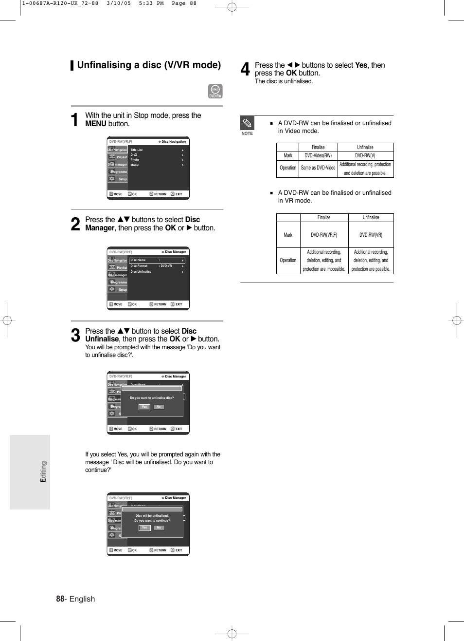 Unfinalising a disc (v/vr mode), English, With the unit in stop mode, press the menu button | Editing, The disc is unfinalised | Samsung DVD-R120-XAA User Manual | Page 88 / 95