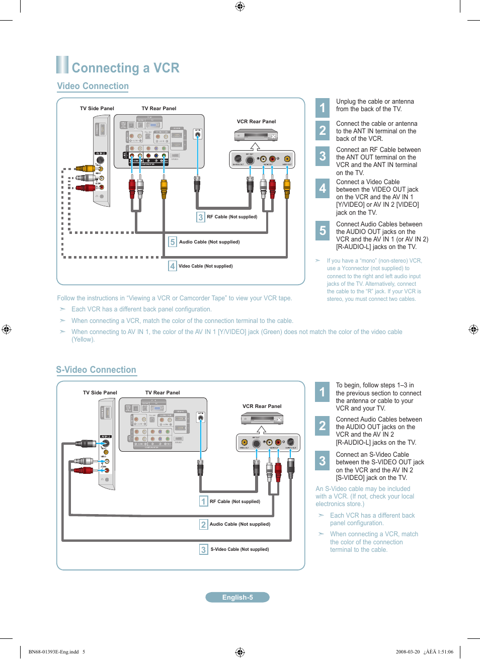Connecting a vcr, Video connection s-video connection | Samsung LN32A540P2DXZA User Manual | Page 5 / 12
