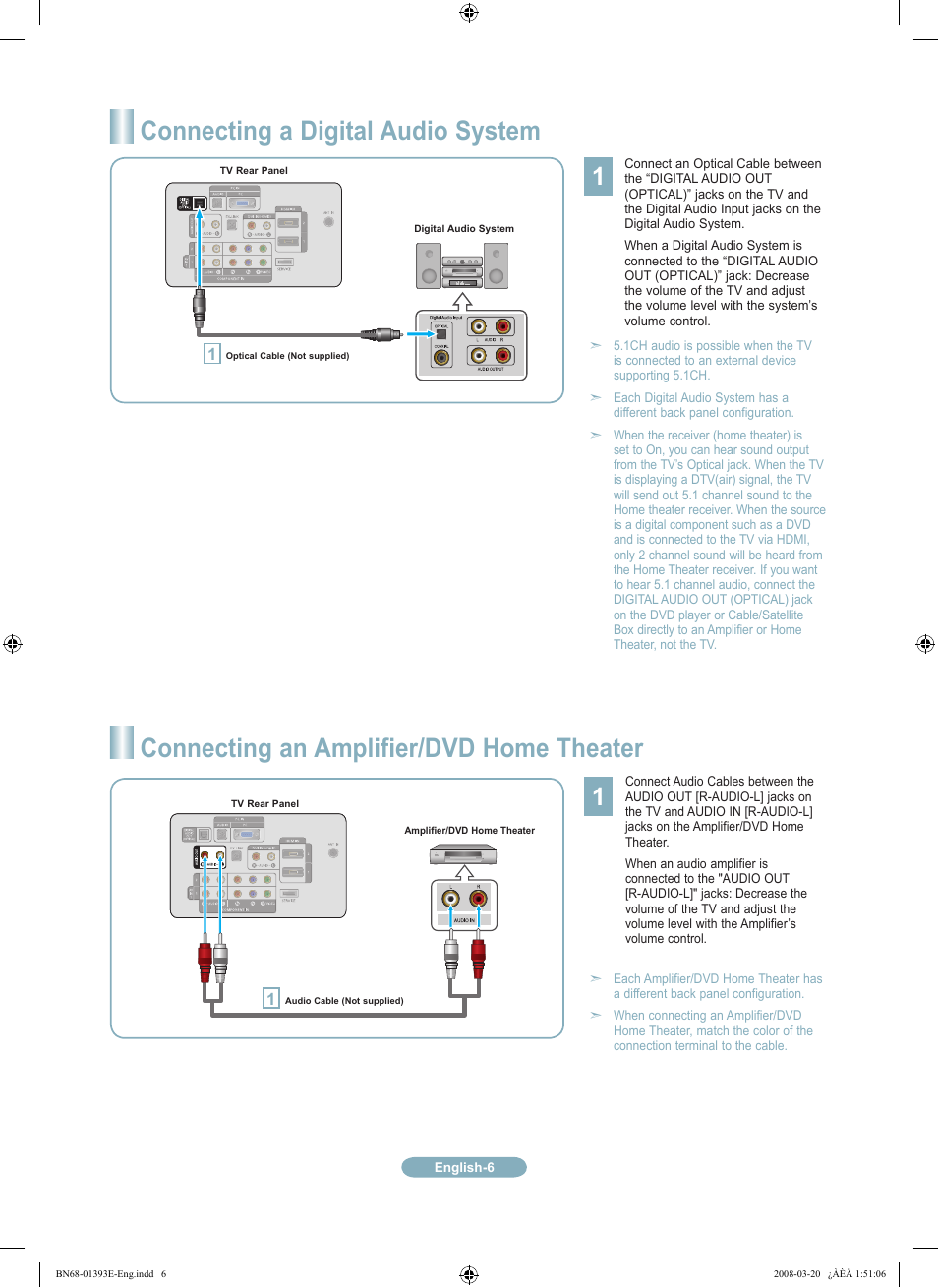 Connecting a digital audio system, Connecting an amplifier/dvd home theater | Samsung LN32A540P2DXZA User Manual | Page 6 / 12
