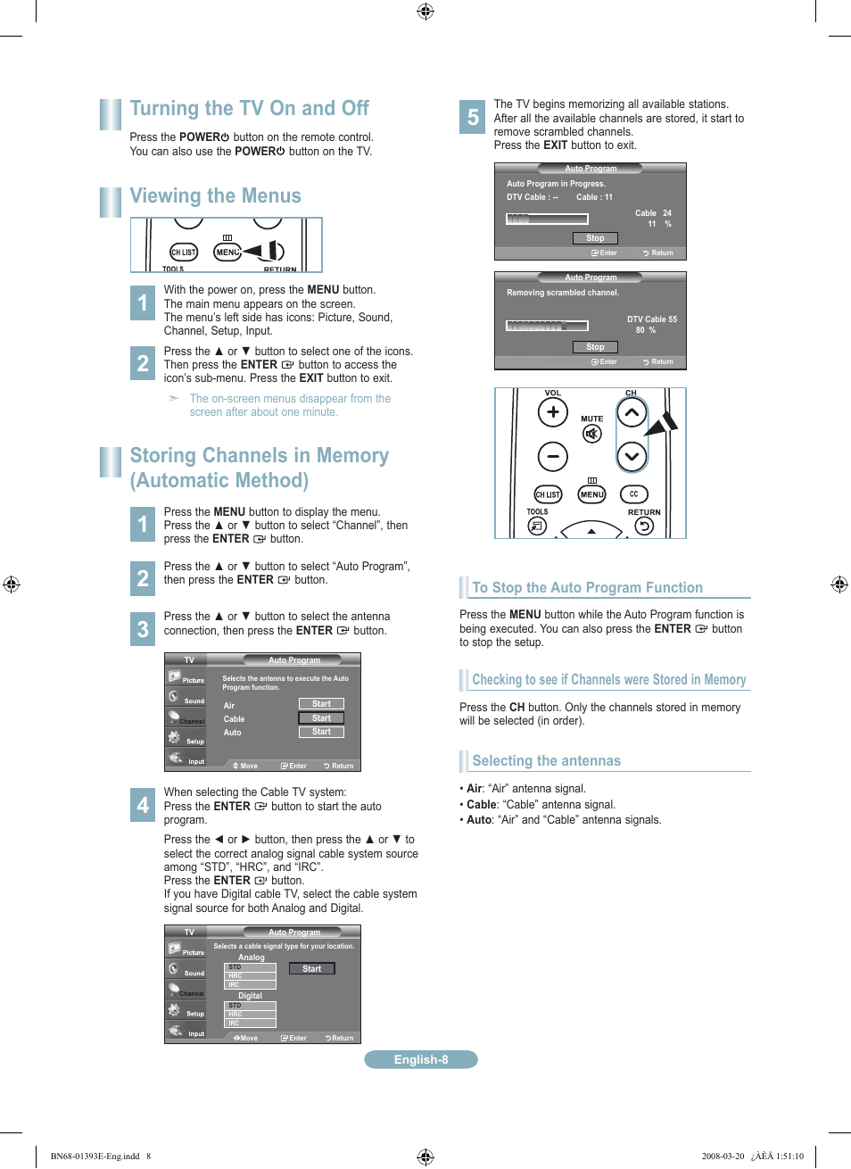Turning the tv on and off, Viewing the menus, Selecting the antennas | Samsung LN32A540P2DXZA User Manual | Page 8 / 12