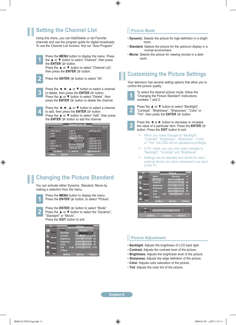 Setting the channel list, Changing the picture standard, Customizing the picture settings | Picture mode, Picture adjustment | Samsung LN32A540P2DXZA User Manual | Page 9 / 12