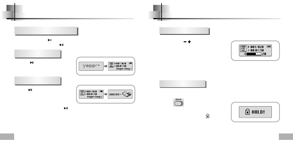 Basic usage, Playing music and turning off the device, Adjusting the volume/hold function | Adjusting the volume hold function | Samsung YP-T5H-XTL User Manual | Page 14 / 32