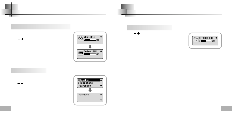 Wow level, Default volume, Wow level default volume | Adjusting srs and trubass level, Wow optimum, Default vol | Samsung YP-T5H-XTL User Manual | Page 26 / 32